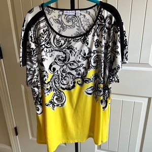 Susan Graver Plus Size Yellow/Cream/Black Shortsleeve Paisley Tunic 3X